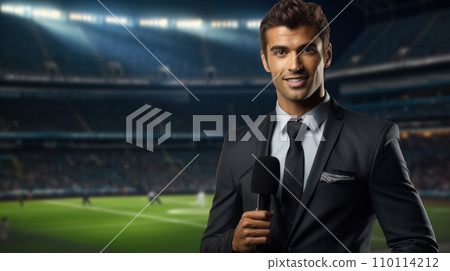 AI-generated content. Sports journalist comments on a football match at stadium 110114212