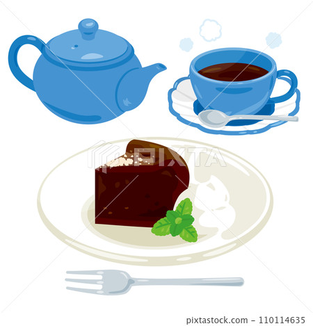 A set of gateau chocolate and hot coffee on a plate A set of gateau chocolate and hot coffee on a plate 110114635