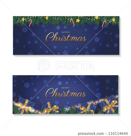 Merry Christmas and Happy New Year set. Background Xmas design realistic gifts box, festive decorative objects. top view. Christmas poster, holiday banner, flyer, stylish brochure, greeting card 110114640