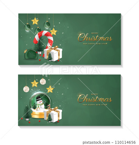 Happy New Year background set. transparent christmas balls with star and box of gifts strewn with snow on green background, realistic 3d decorative garland glow. Xmas Decorations. Vector illustration Happy New Year background set. transparent christmas balls with star and box of gifts strewn with snow on green background, realistic 3d decorative garland glow. Xmas Decorations. Vector illustration 110114656
