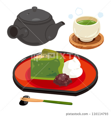 一套抹茶蛋糕巧克力和茶裝在碗裡 一套抹茶蛋糕巧克力和茶裝在碗裡 110114793