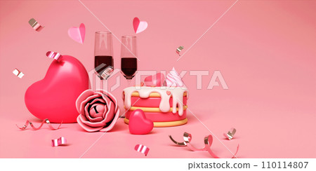 3D cake, champagne and heart shape balloons with confetti around. 3d scene design. Suitable for Valentine's Day and Mother's Day. 3D rendering illustration 110114807