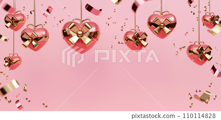 Valentines Day with hanging gift box heart shape decor pink background. Holiday illustration banner with copy space. for valentine and mother day anniversary design. 3d rendering illustration Valentines Day with hanging gift box heart shape decor pink background. Holiday illustration banner with copy space. for valentine and mother day anniversary design. 3d rendering illustration 110114828