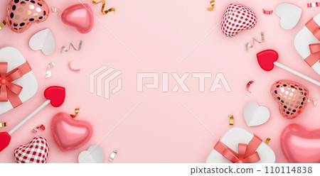 Happy Valentines day Mother's Day background with text copy space with realistic heart balloon, heart arrow, gift box and rose gold confetti. Top view. 3D rendering illustration Happy Valentines day Mother's Day background with text copy space with realistic heart balloon, heart arrow, gift box and rose gold confetti. Top view. 3D rendering illustration 110114838