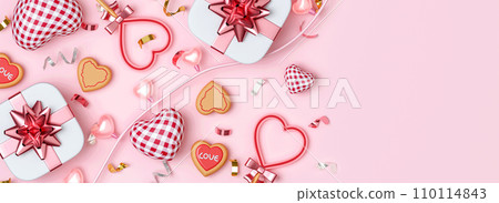 Valentines Day with heart shaped balloons, gift box and ball light decorate . Holiday illustration banner with copy space for valentine and mother day design. 3d rendering illustration 110114843