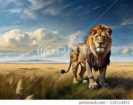 Lion resting in the grassland (AI image) Lion resting in the grassland (AI image) 110114851