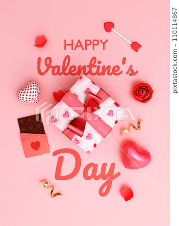 Pink heart, cup cake, chocolate, and rose on background. Valentine Wallpaper with Pink love hearts. Top view greeting card. 3D rendering illustration Pink heart, cup cake, chocolate, and rose on background. Valentine Wallpaper with Pink love hearts. Top view greeting card. 3D rendering illustration 110114867