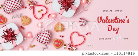 Valentines Day sale with heart shaped balloons, gift box and ball light decor. Holiday illustration banner special discount for valentine and mother day design. 3d Rendering 110114919