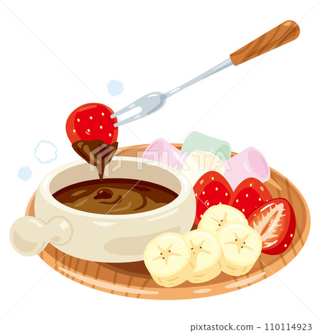 Fruits, marshmallows and chocolate fondue on a plate Fruits, marshmallows and chocolate fondue on a plate 110114923
