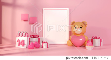 Mock up poster frame in children room with gift box and pink heart, kids room, Valentine's day. blank board for copy space. 3D rendering illustration 110114967