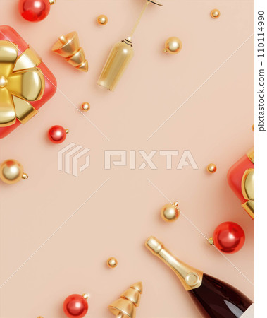 Merry Christmas and Happy New Year. Xmas Background top view, gold Christmas tree, gold balls and champagne bottle. Christmas poster, holiday banner layout. 3d render Merry Christmas and Happy New Year. Xmas Background top view, gold Christmas tree, gold balls and champagne bottle. Christmas poster, holiday banner layout. 3d render 110114990