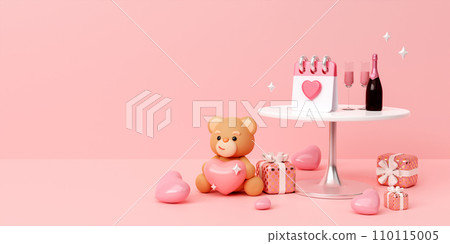 Happy valentine teddy bear holding pink hearts, anniversary, romantic gift, 3d render Illustration 110115005