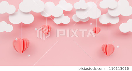 Poster or banner with pink pastel sky and paper cut clouds. Copy space for text. Happy Valentine's day sale header or voucher template with hanging hearts. 3D render illustration 110115016