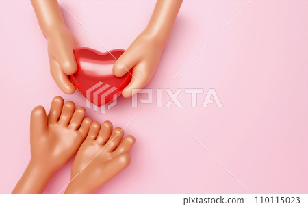 Red heart in hand. cartoon arm holding gesture. hand give red heart. Realistic illustration of donation love or charity for appreciation social media on pink background. 3d rendering illustration 110115023