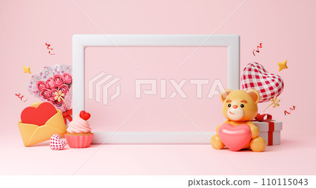 Mock up poster frame in children room with gift box and pink heart, kids room, Valentine's day. blank board for copy space. 3D rendering illustration Mock up poster frame in children room with gift box and pink heart, kids room, Valentine's day. blank board for copy space. 3D rendering illustration 110115043