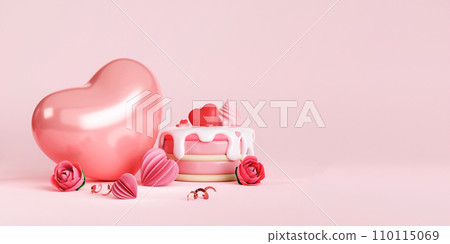 3d banner template designed with cake, heart shape balloons. Minimal pink background suitable for Mother's Day and Valentine's Day. 3d rendered illustration 3d banner template designed with cake, heart shape balloons. Minimal pink background suitable for Mother's Day and Valentine's Day. 3d rendered illustration 110115069