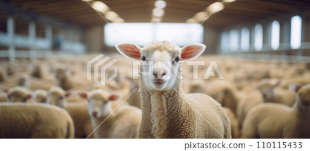 AI-generated content. Cute sheep stand quietly in straw in a stable and look at the camera AI-generated content. Cute sheep stand quietly in straw in a stable and look at the camera 110115433