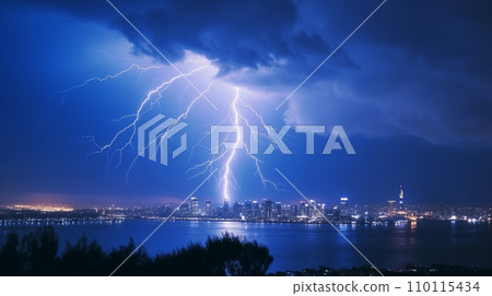 AI-generated content. Night cityscape with strong lightning, dramatic sky scape with bright zipper 110115434