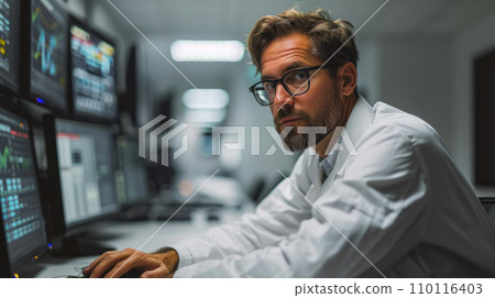 Portrait of a financial analyst in front of monitors with charts and indicators of market reaction to changes, the programmer looks into the camera, processing large databases Portrait of a financial analyst in front of monitors with charts and indicators of market reaction to changes, the programmer looks into the camera, processing large databases 110116403