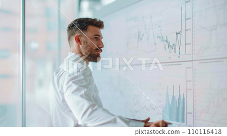 Analyst reviews charts and conducts trading analysis, white clean background idea of processing big data databases and financial analytics and forecasting 110116418