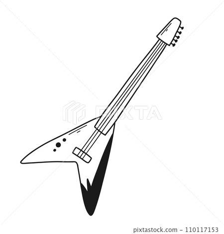 Electric guitar in doodle style. Bass guitar vector linear illustration isolated on white background. 110117153