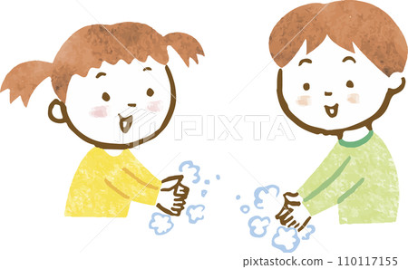 Hand drawn illustration of boy and girl washing hands 110117155