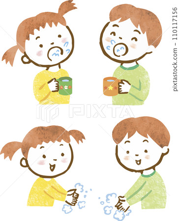 Hand-drawn illustration of a boy and girl washing their hands and gargling 110117156