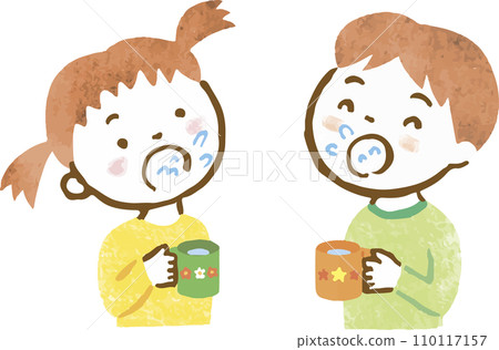 Hand drawn illustration of a boy and girl gargling 110117157
