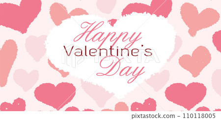 Happy Valentine day poster or voucher. Beautiful pink Hand drawn hearts, White heart frame on pink background with Lettering. Vector flat or cartoon illustration. Holiday Greeting Postcard template. 110118005