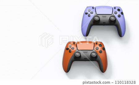 Realistic colorful video game joysticks or gamepads with color buttons on white 110118328
