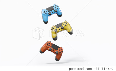 Realistic colorful video game joysticks or gamepads with color buttons on white 110118329