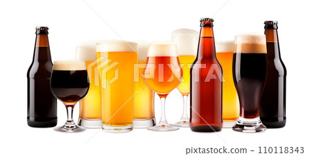 Set of Beer glasses and bottles on a white background. Mugs with drink like Ipa, Pale Ale, Pilsner, Porter or Stout Set of Beer glasses and bottles on a white background. Mugs with drink like Ipa, Pale Ale, Pilsner, Porter or Stout 110118343