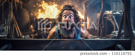 AI-generated content. surprised and shocked blacksmith in workshop with fiery sparks flying in the background 110118791