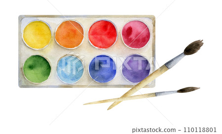 Watercolor hand drawn illustration, kids children painting materials supplies, art palette and brushes stationery. Composition isolated on white. For school, kindergarten, party, cards, website, shop Watercolor hand drawn illustration, kids children painting materials supplies, art palette and brushes stationery. Composition isolated on white. For school, kindergarten, party, cards, website, shop 110118801