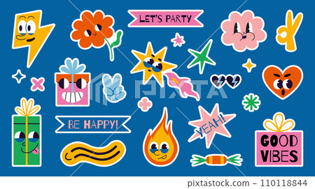 Set of festive stickers for planner, postcard and gift decorations, vector flat illustration. Comic groovy characters, cartoon trendy image. 70s funny cute retro sticker pack 110118844