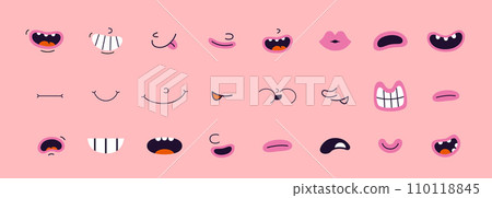 Set of retro cartoon mouths, groovy comic characters different face expressions, old animation. Emotions like happy, sad, angry, wonder. Trendy modern vector illustration, hand drawn, flat design Set of retro cartoon mouths, groovy comic characters different face expressions, old animation. Emotions like happy, sad, angry, wonder. Trendy modern vector illustration, hand drawn, flat design 110118845