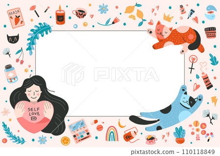 Horizontal banner with frame on self-care theme, cartoon style. Girl hugs herself and cats. Self love, health, beauty and wellness concept. Vector illustration isolated on white, hand drawn, flat 110118849