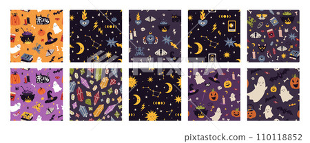 Happy Halloween, magic and astrology seamless patterns set with decoration carnival elements. Mystical magic background, cartoon style. Trendy modern vector illustration, hand drawn, flat design Happy Halloween, magic and astrology seamless patterns set with decoration carnival elements. Mystical magic background, cartoon style. Trendy modern vector illustration, hand drawn, flat design 110118852
