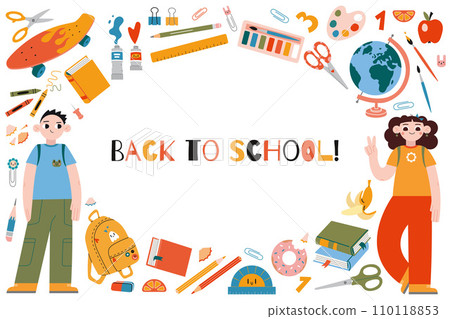 Back to school horizontal banner with round frame, cartoon style. Classmates kids characters, cute stationery and art supplies. Trendy modern vector illustration isolated on white, flat design 110118853