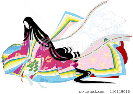 Image illustration of a woman wearing a junihitoe in the style of a Heian emaki 110119016