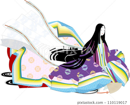 Image illustration of a woman wearing a junihitoe in the style of a Heian emaki Image illustration of a woman wearing a junihitoe in the style of a Heian emaki 110119017