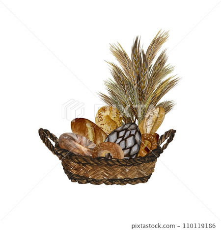 Basket bread set wheat bouquet watercolor sketch Basket bread set wheat bouquet watercolor sketch 110119186