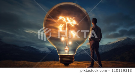 AI-generated content. A huge bulb in front of the man with some ideas 110119318