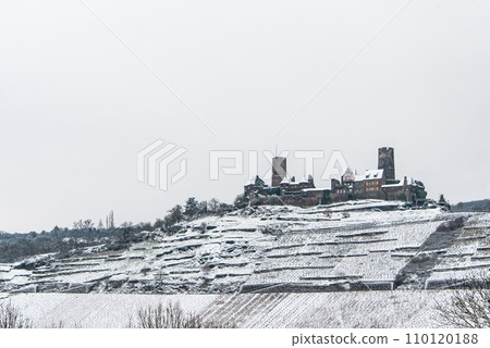 Winter at Burg Thurant Castle at the Mosel vineyards nestled in the hills above the Moselle River Germany Town Alken Winter at Burg Thurant Castle at the Mosel vineyards nestled in the hills above the Moselle River Germany Town Alken 110120188