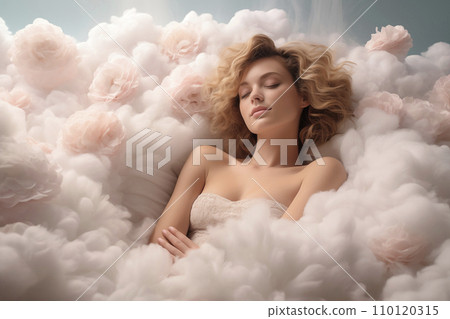 young woman lying on clouds young woman lying on clouds 110120315