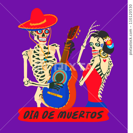 Dia de muertos. Mexican day of the dead. November 2. Vector celebration concept with lettering. Two sceletons dancing and playing guitar.  110120530