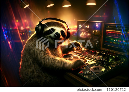 DJ sloth at the remote control at the party. AI generated. DJ sloth at the remote control at the party. AI generated. 110120712