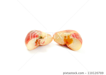 Half of saturn peach or flat peach isolated on white background with clipping path.. 110120789