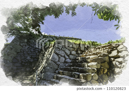 Watercolor painting style Obama castle ruins tower stone wall Obama City, Fukui Prefecture 110120823
