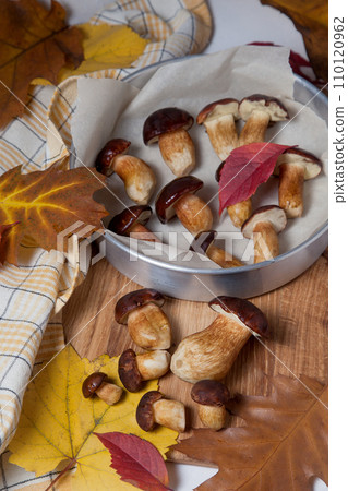 Several Imleria Badia or Boletus badius mushrooms commonly known as the bay bolete, vintage baking sheet with mushrooms on wooden cutting board.. 110120962